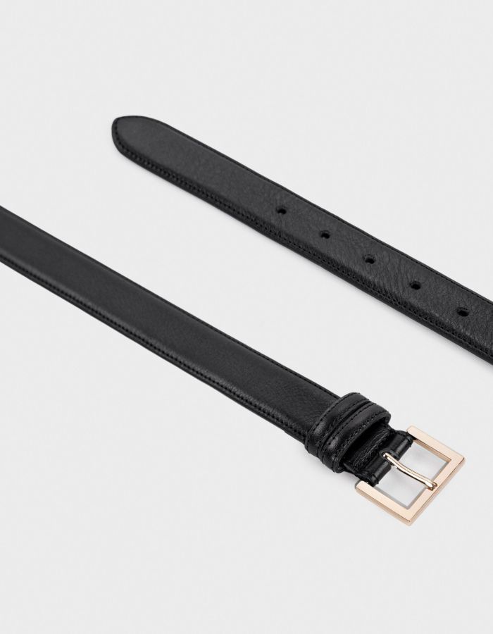 Black leather belt with a gold buckle on a white background.